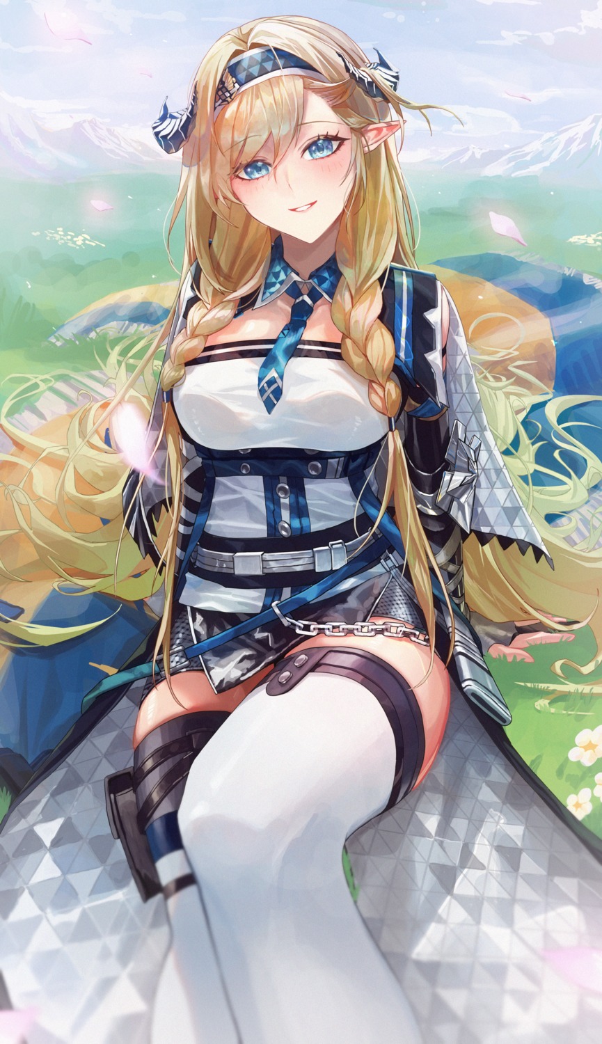 arknights, garter, horns, monge_baby, pointy_ears, saileach_(arknights), thighhighs