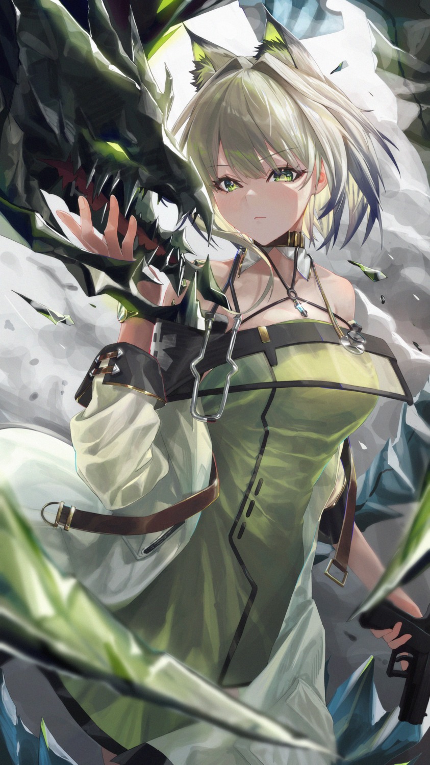 animal_ears, arknights, dress, gun, kal'tsit_(arknights), monge_baby, monster, see_through