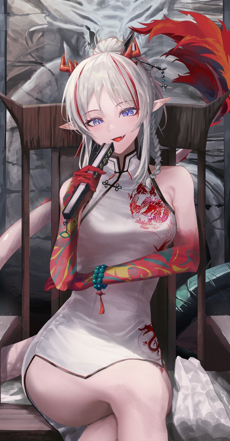 arknights, chinadress, horns, monge_baby, nian_(arknights), pointy_ears, tail, tattoo