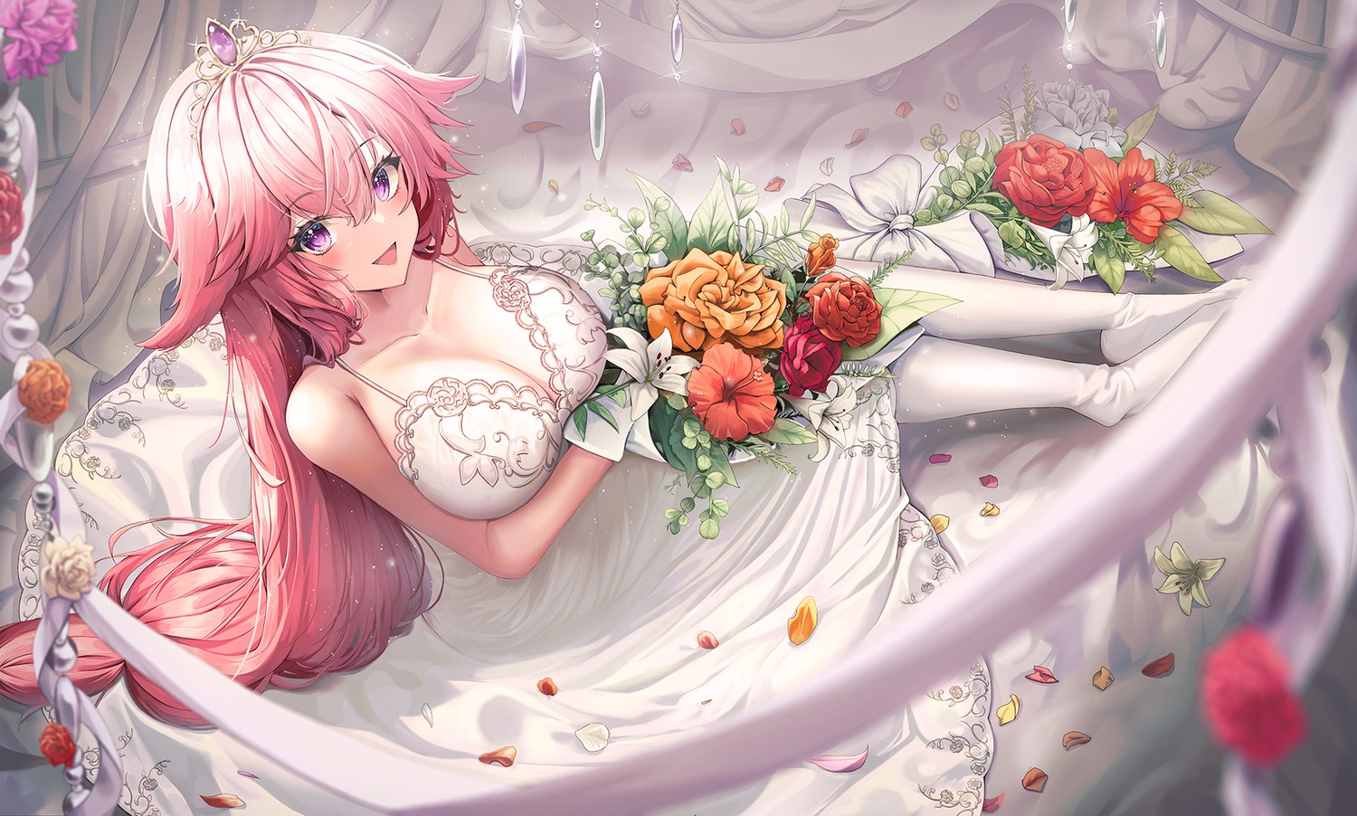 animal_ears, dress, genshin_impact, haires, kitsune, pantyhose, wedding_dress, yae_miko