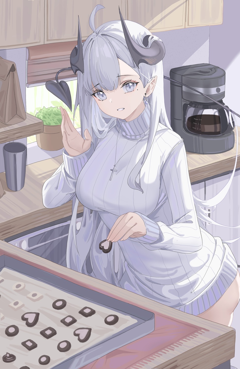 cake_walker, dress, horns, pointy_ears, sweater, tail, valentine