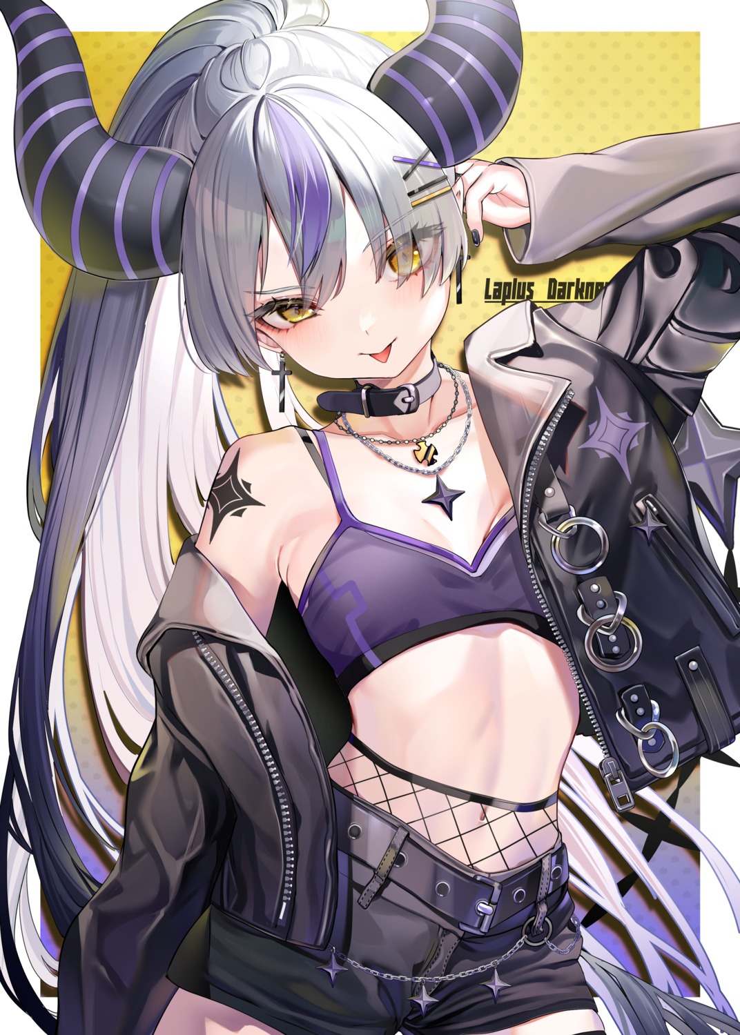 bra, fishnets, hololive, horns, la+_darknesss, open_shirt, piyokuma, pointy_ears