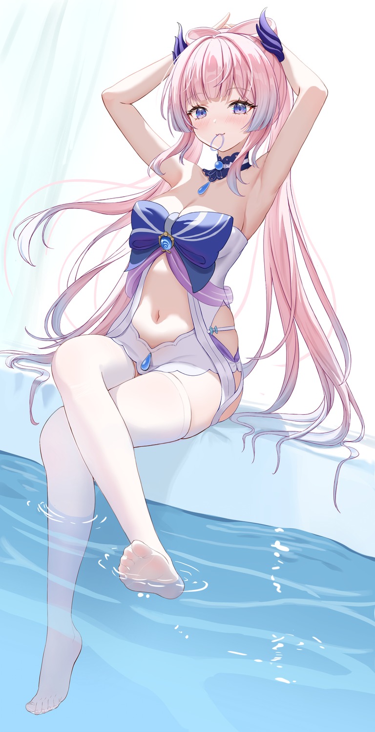 genshin_impact, no_bra, sangonomiya_kokomi, thighhighs, ttkaki, wet