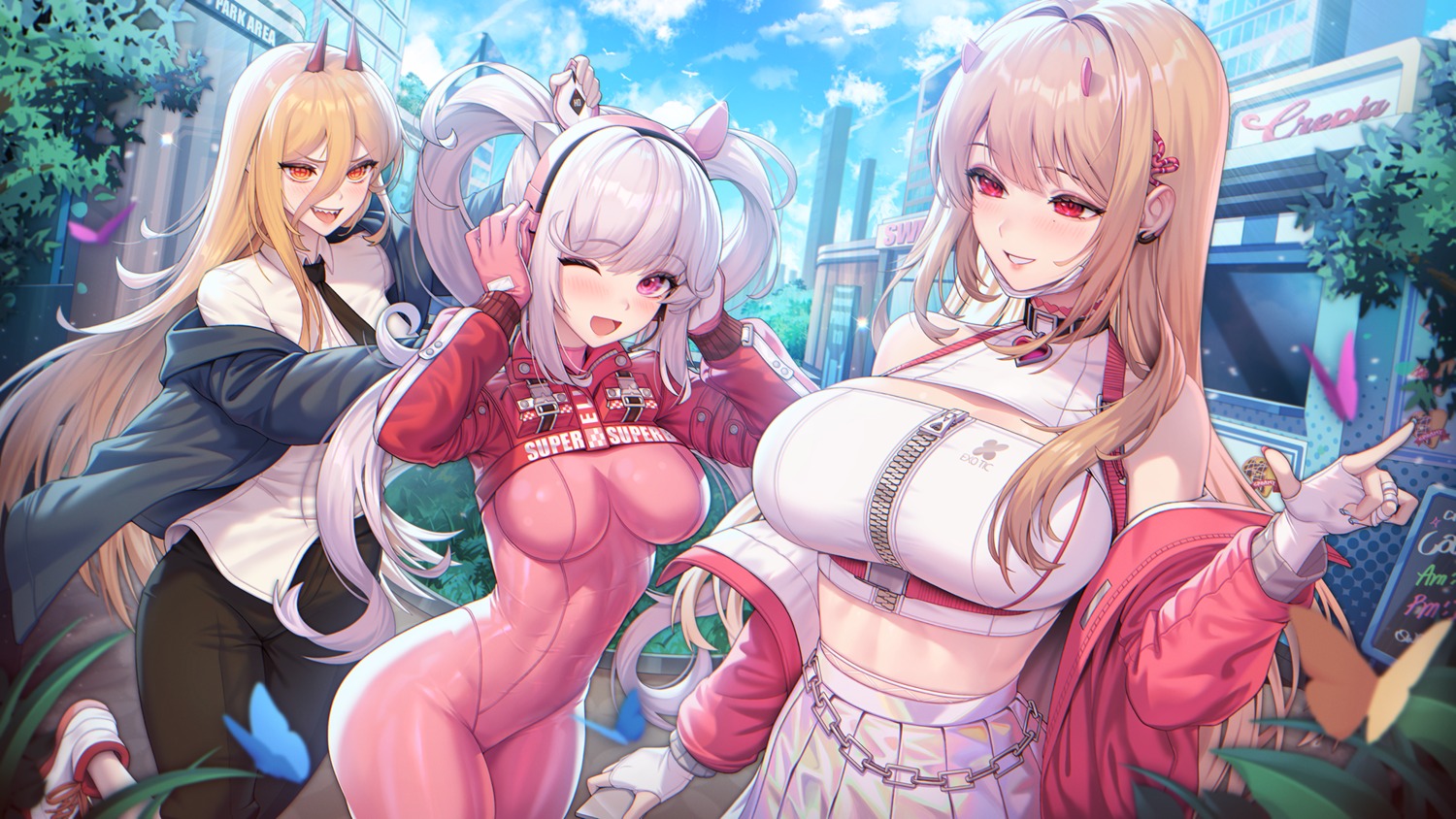 alice_(nikke), bodysuit, chainsaw_man, choney, crossover, goddess_of_victory:_nikke, headphones, horns, power_(chainsaw_man), viper_(nikke)
