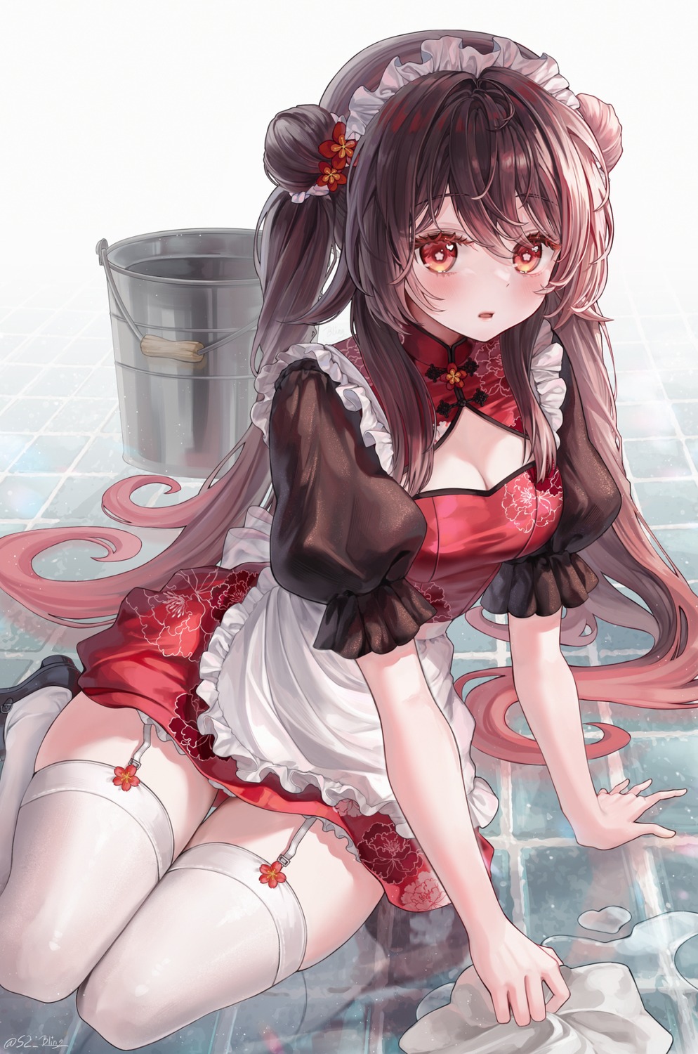 asian_clothes, bling_(epvc5242), genshin_impact, hu_tao, maid, stockings, thighhighs
