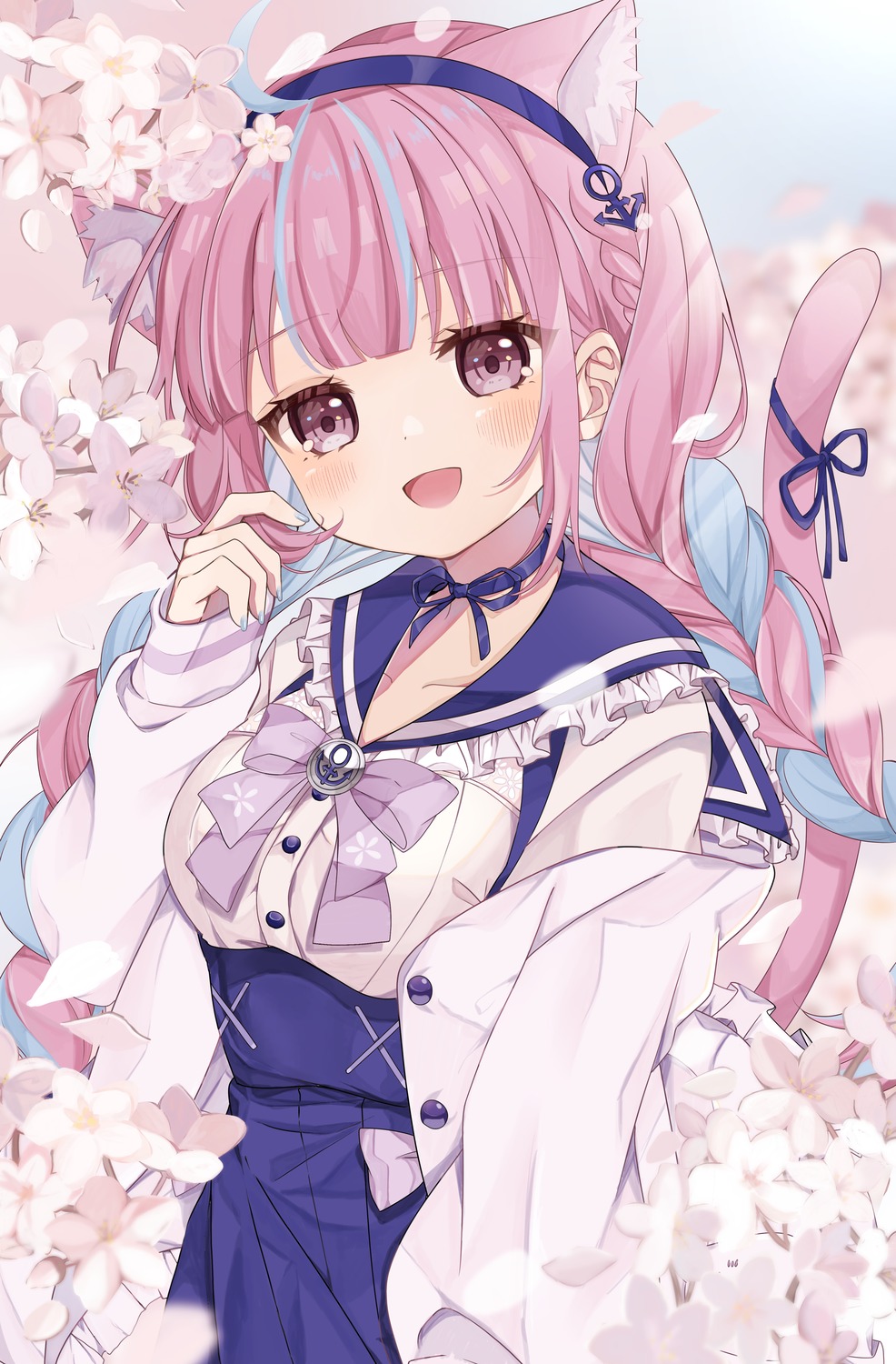 animal_ears, hololive, llatteowo, minato_aqua, nekomimi, seifuku, tail