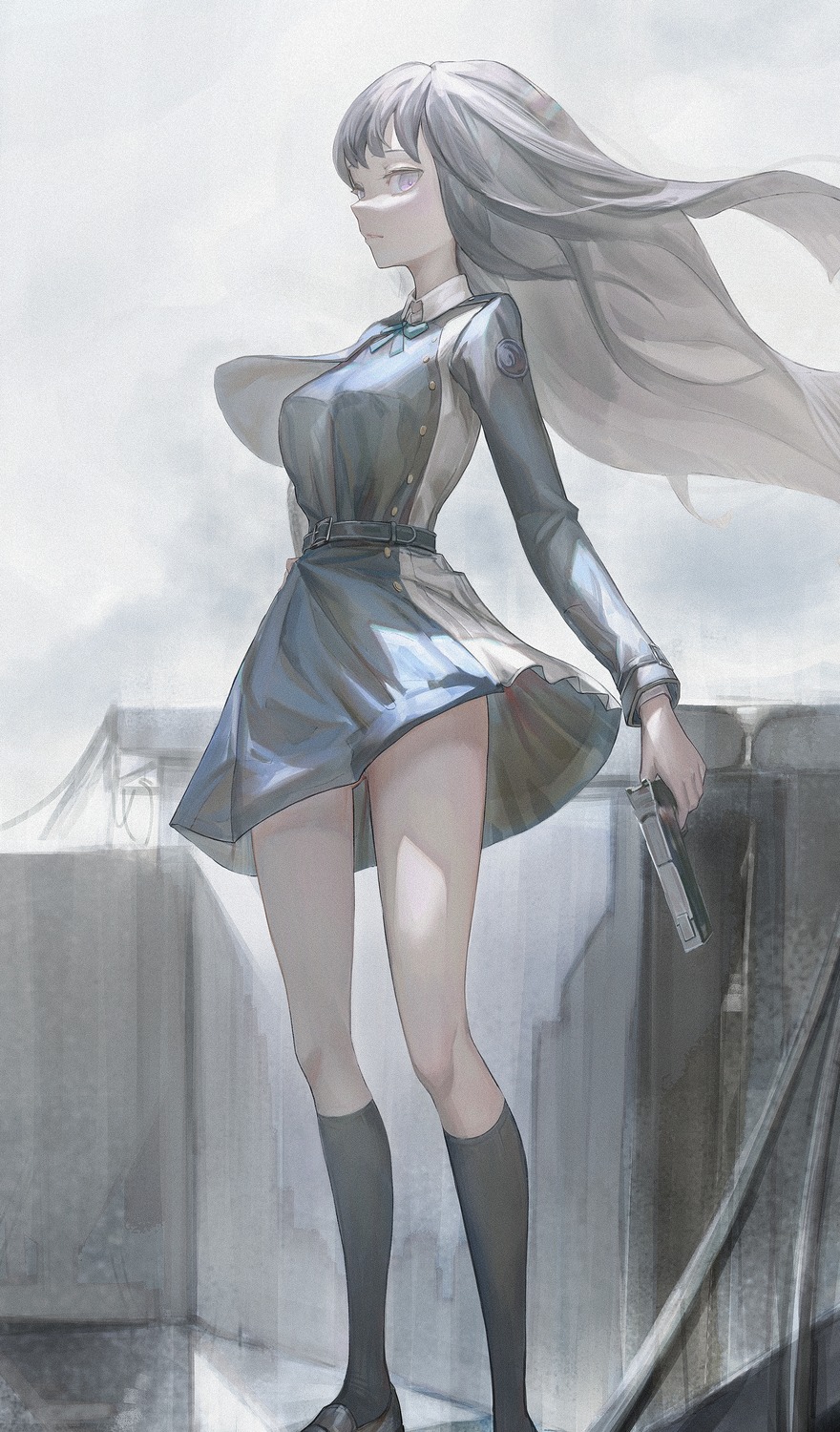 gun, homajor, inoue_takina, lycoris_recoil, seifuku, skirt_lift