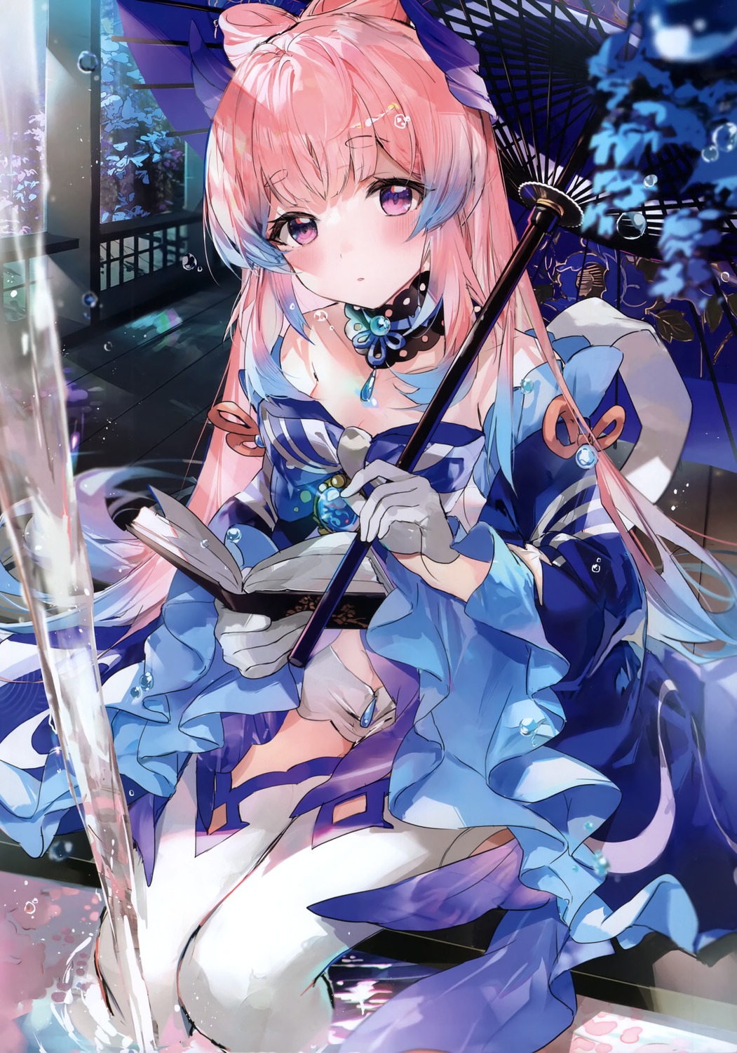 genshin_impact, hinahino, sangonomiya_kokomi, thighhighs, umbrella