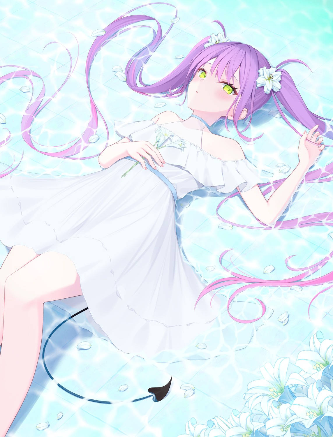 dress, hololive, puni_(yuuki-0215), summer_dress, tail, tokoyami_towa, wet