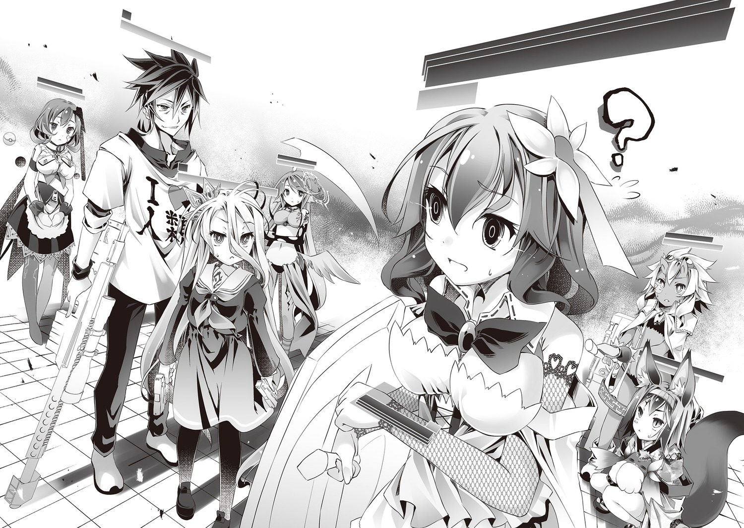 angel, animal_ears, emir-eins, fishnets, gun, jibril_(no_game_no_life), kamiya_yuu, monochrome