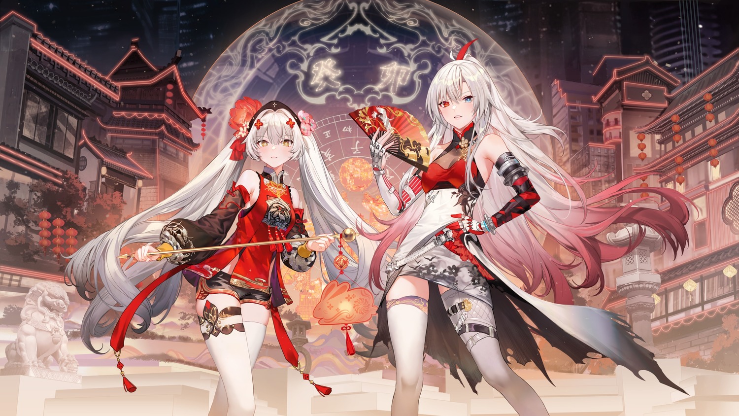 alpha_(punishing:_gray_raven), asian_clothes, criin, garter, heterochromia, luna_(punishing:_gray_raven), punishing:_gray_raven, thighhighs, torn_clothes