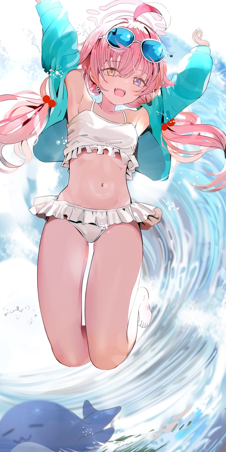 bikini, blue_archive, halo, heterochromia, megane, open_shirt, pjkka, swimsuits