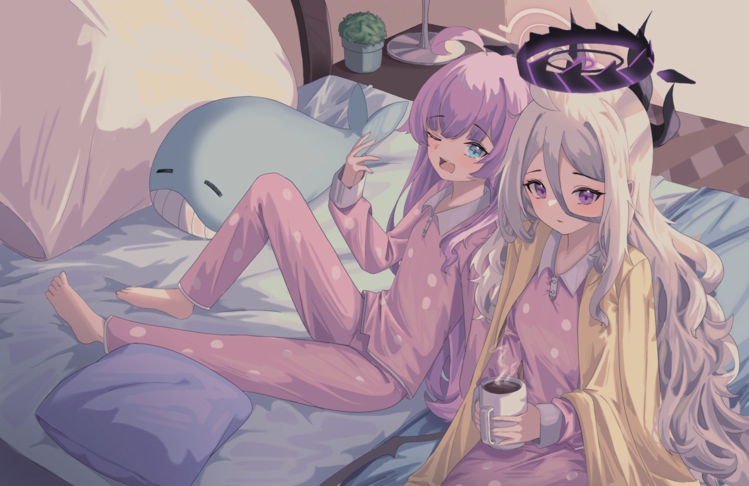 blue_archive, cake_walker, feet, halo, horns, pajama, sorasaki_hina, takanashi_hoshino