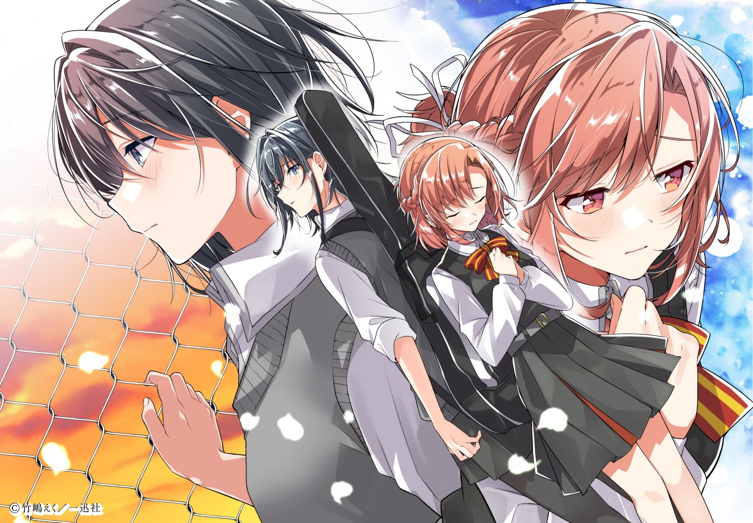 asanagi_yori, guitar, kino_himari, sasayaku_you_ni_koi_wo_utau, seifuku, sweater, takeshima_eku