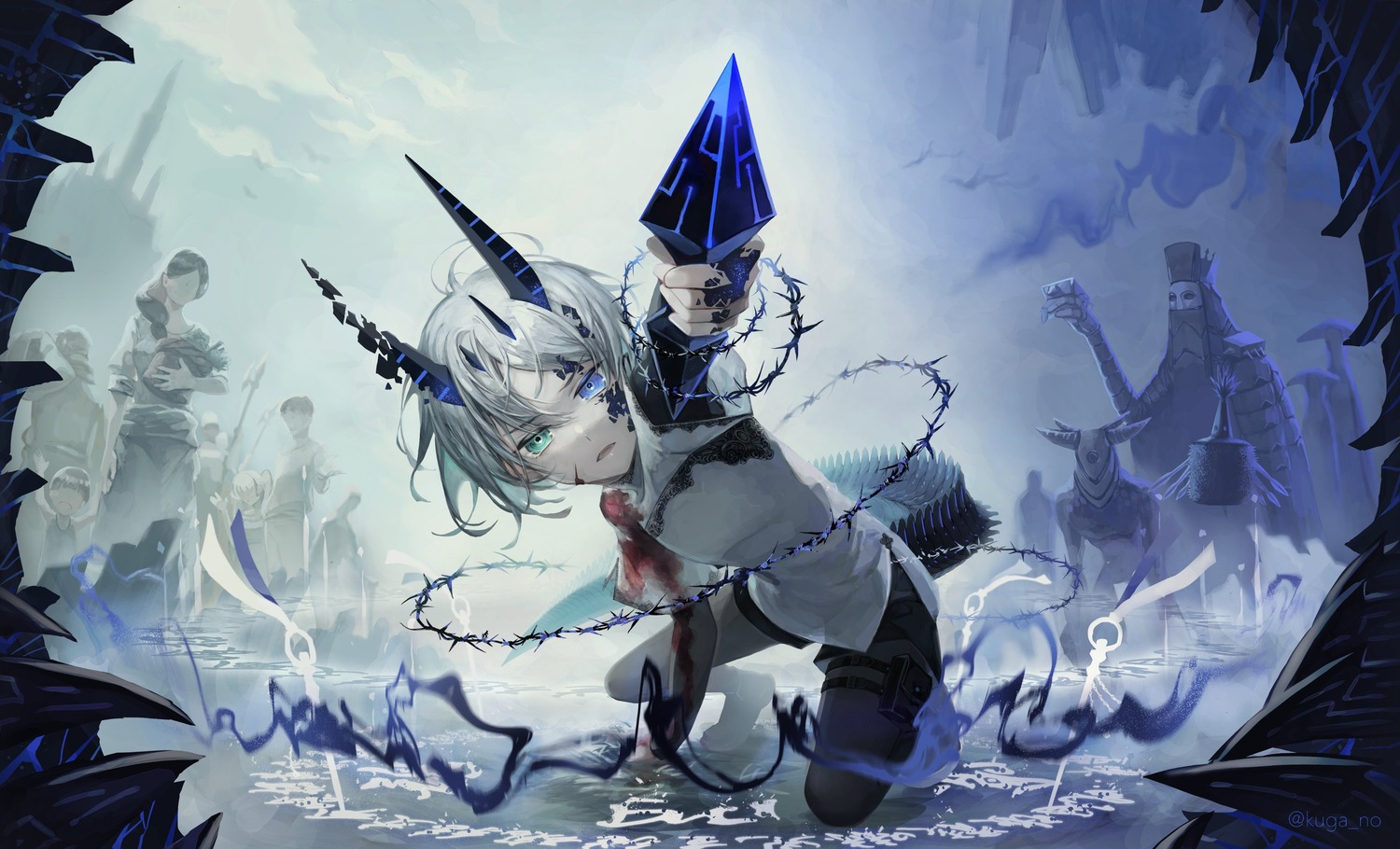 heterochromia, horns, kugano, pantyhose, tail, weapon