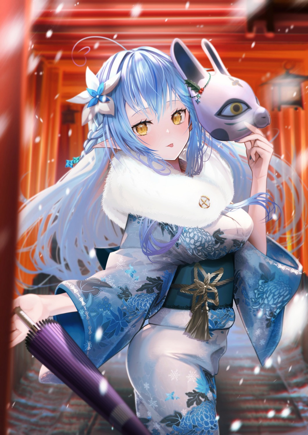 elf, fugutai_ten, hololive, kimono, pointy_ears, umbrella, yukihana_lamy