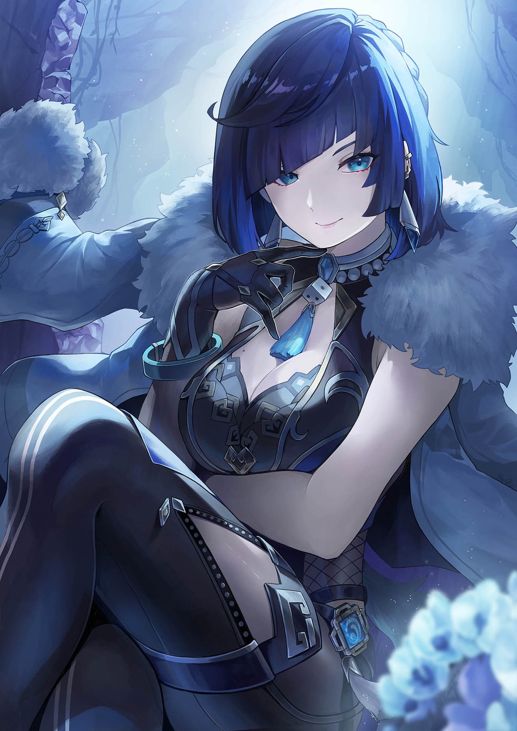 fishnets, genshin_impact, jpeg_artifacts, yelan, yuiko_(yuiyuiko_108)