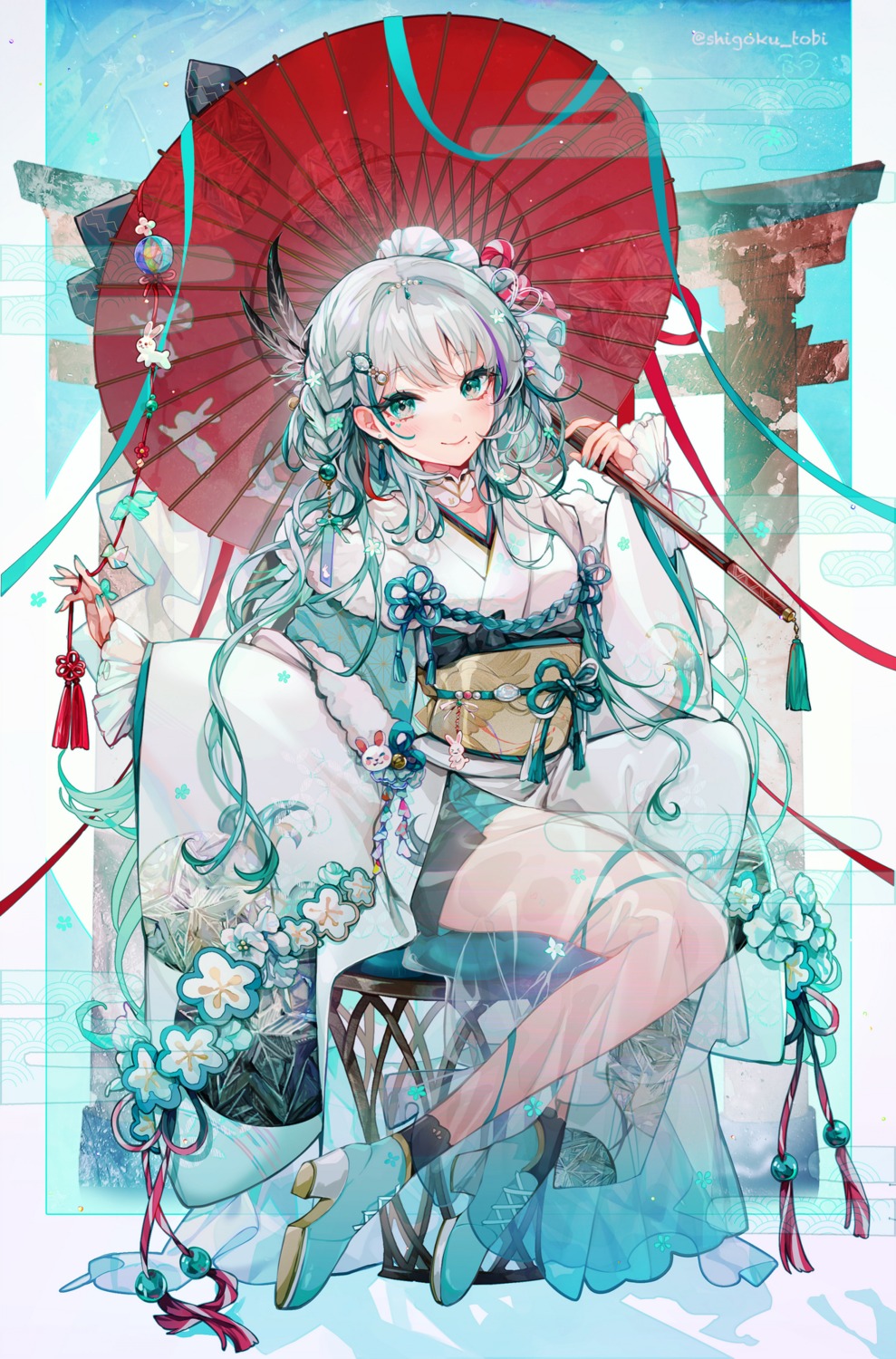 garter, heels, hutuu_(1121), indie_virtual_youtuber, kimono, see_through, shigoku_tobi, umbrella