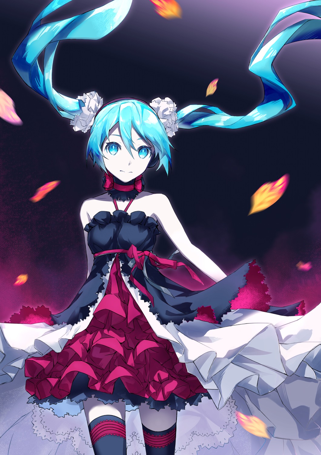 dress, hatsune_miku, headphones, thighhighs, vocaloid, yohki