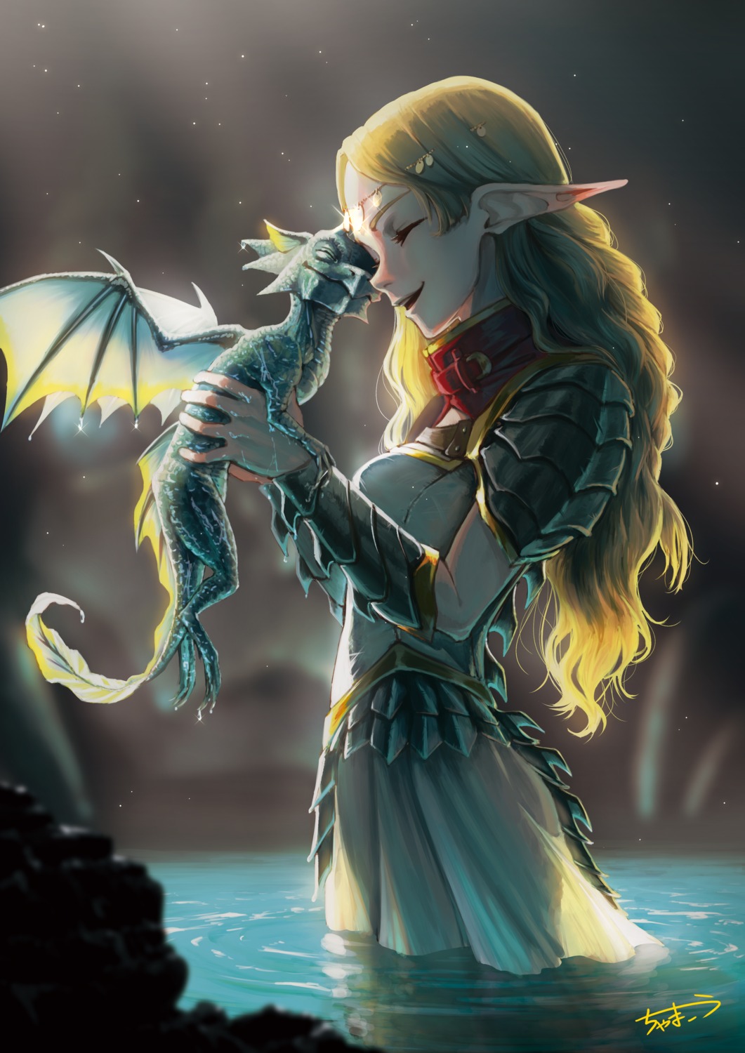 armor, chama_kou, dress, monster, pointy_ears, wet