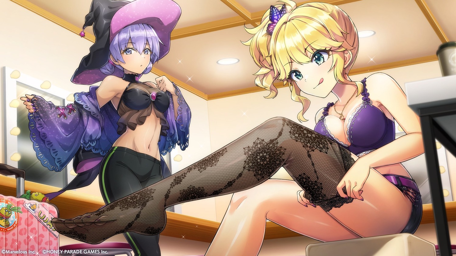 bra, dolphin_wave, feet, fishnets, izumi_kiri, see_through, souma_hayate, takuji, thighhighs, undressing, wallpaper, witch
