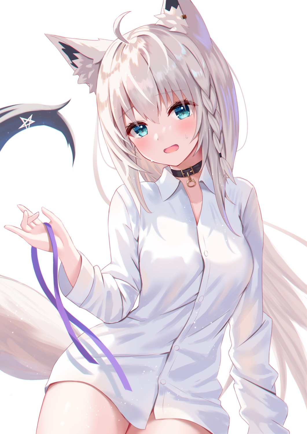 animal_ears, dress_shirt, hololive, hololive_gamers, kitsune, shirakami_fubuki, tail, togemaru
