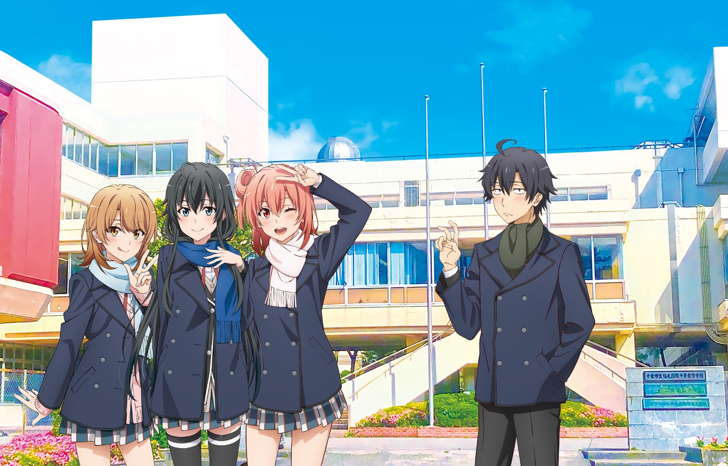 hikigaya_hachiman, isshiki_iroha, seifuku, sweater, tagme, thighhighs, yahari_ore_no_seishun_lovecome_wa_machigatteiru., yuigahama_yui