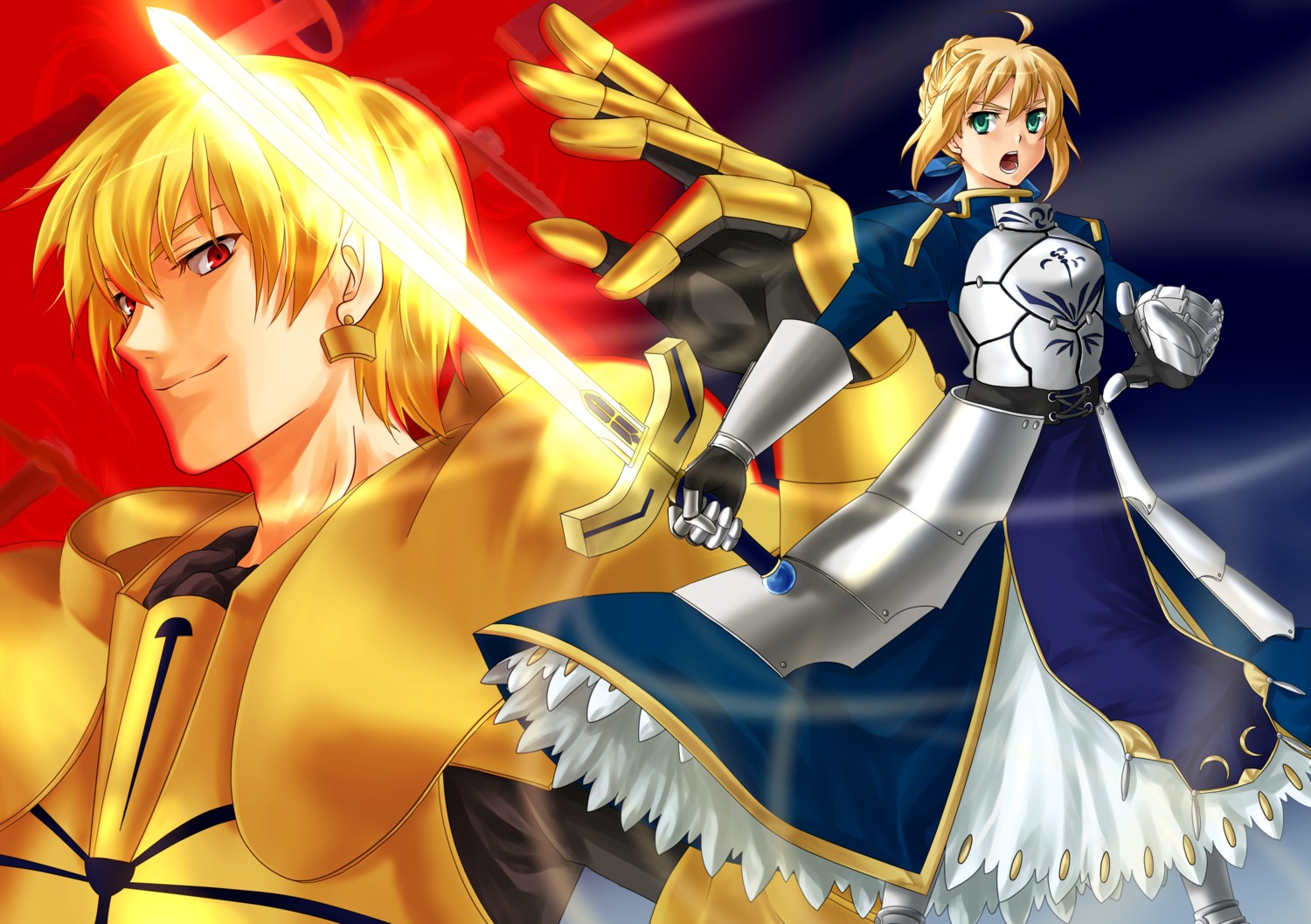 armor, artoria_pendragon_(fate), fate/stay_night, gilgamesh_(fate), rmssre, sword