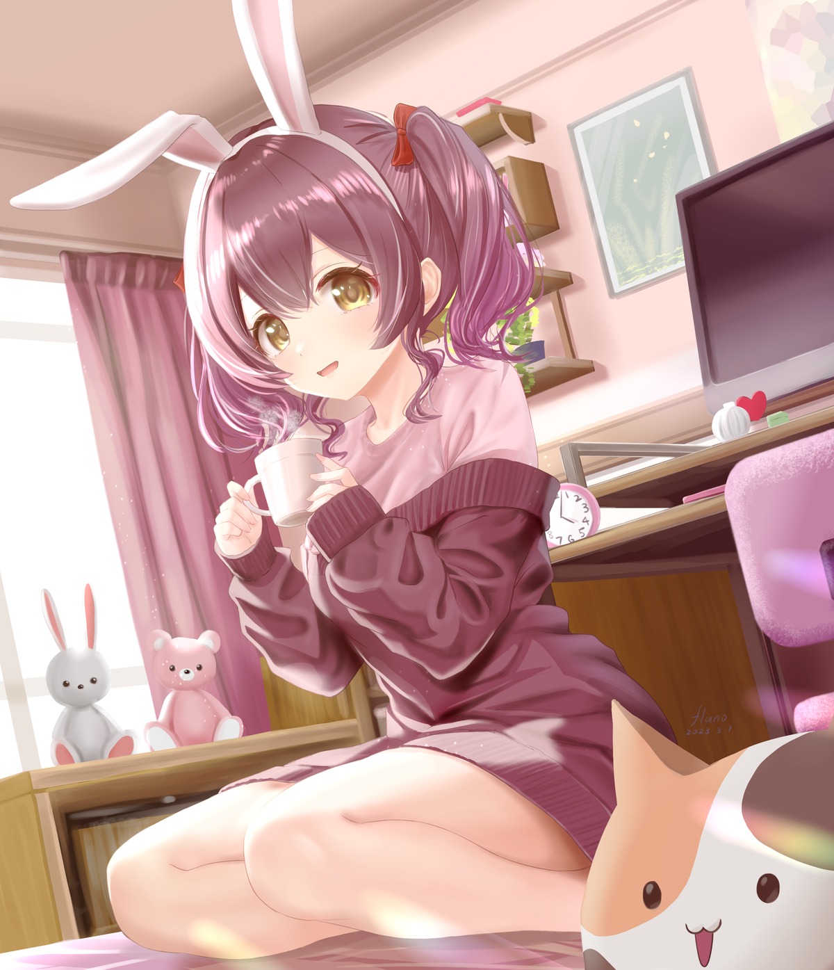 animal_ears, bunny_ears, d4dj, dress, fluno, oonaruto_muni, sweater