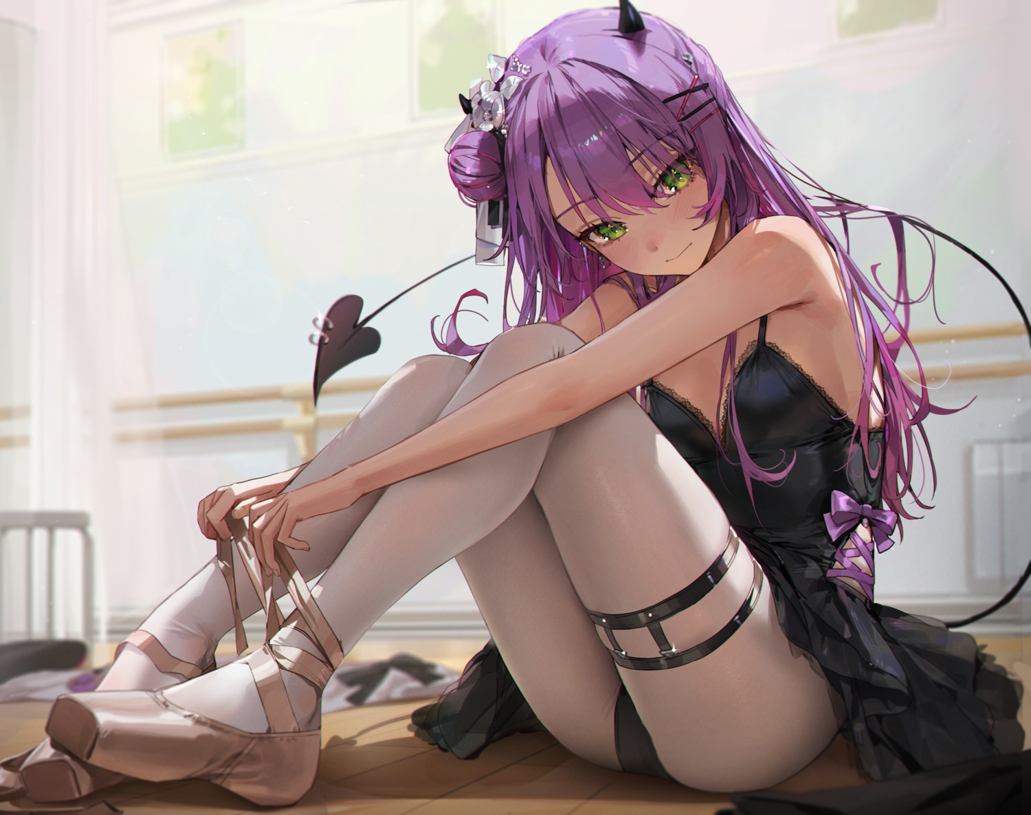 garter, hololive, horns, leotard, no_bra, pantyhose, skirt_lift, tail, tokoyami_towa, ye_jji