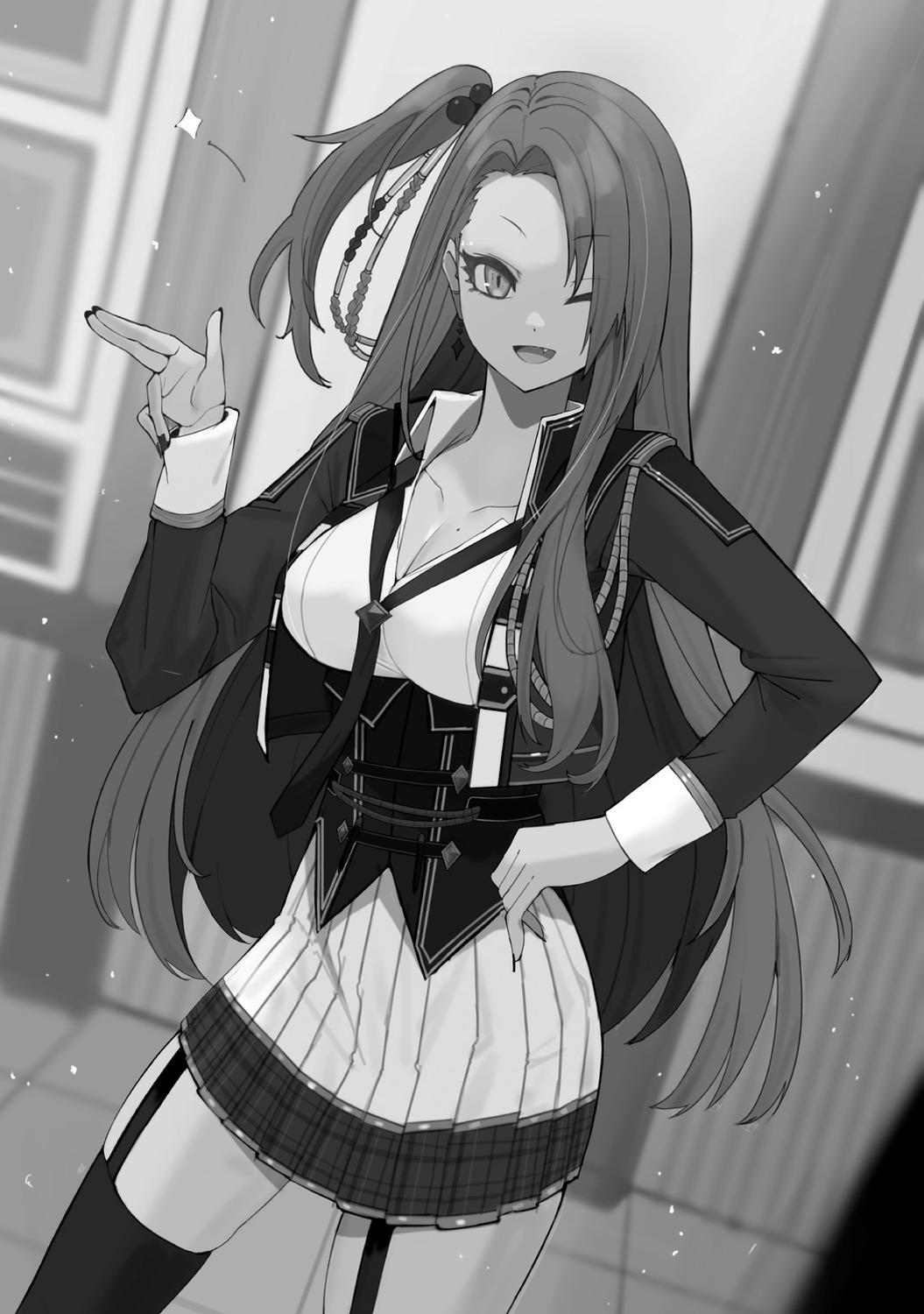 cleavage, kage_no_jitsuryokusha_ni_naritakute!, monochrome, nina_(kagejitsu), stockings, thighhighs, touzai, uniform
