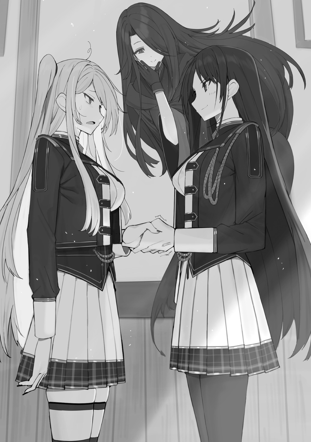 alexia_midgar, aurora_(kagejitsu), claire_kagenou, kage_no_jitsuryokusha_ni_naritakute!, monochrome, pantyhose, thighhighs, touzai