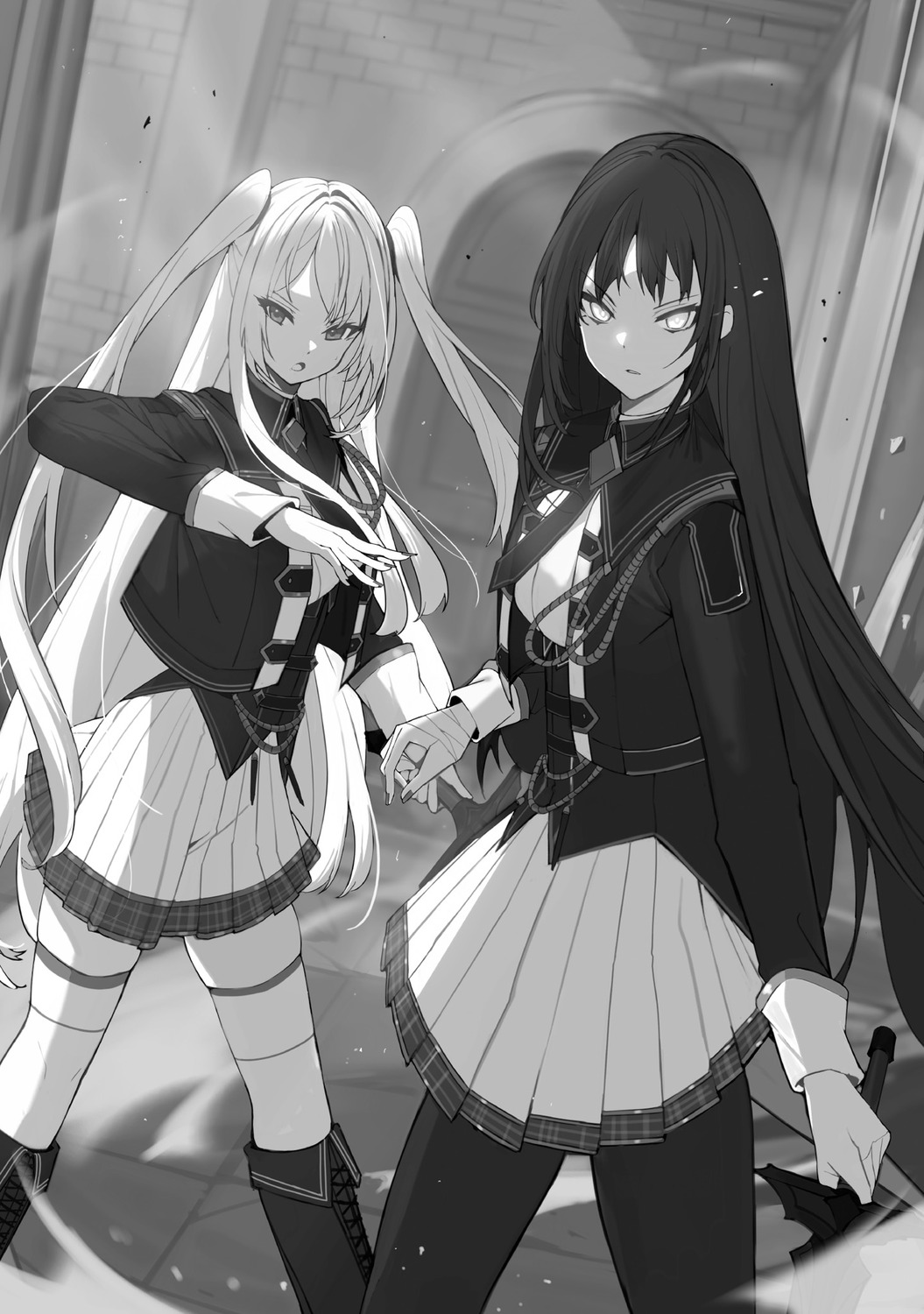 alexia_midgar, claire_kagenou, kage_no_jitsuryokusha_ni_naritakute!, monochrome, pantyhose, sword, thighhighs, touzai
