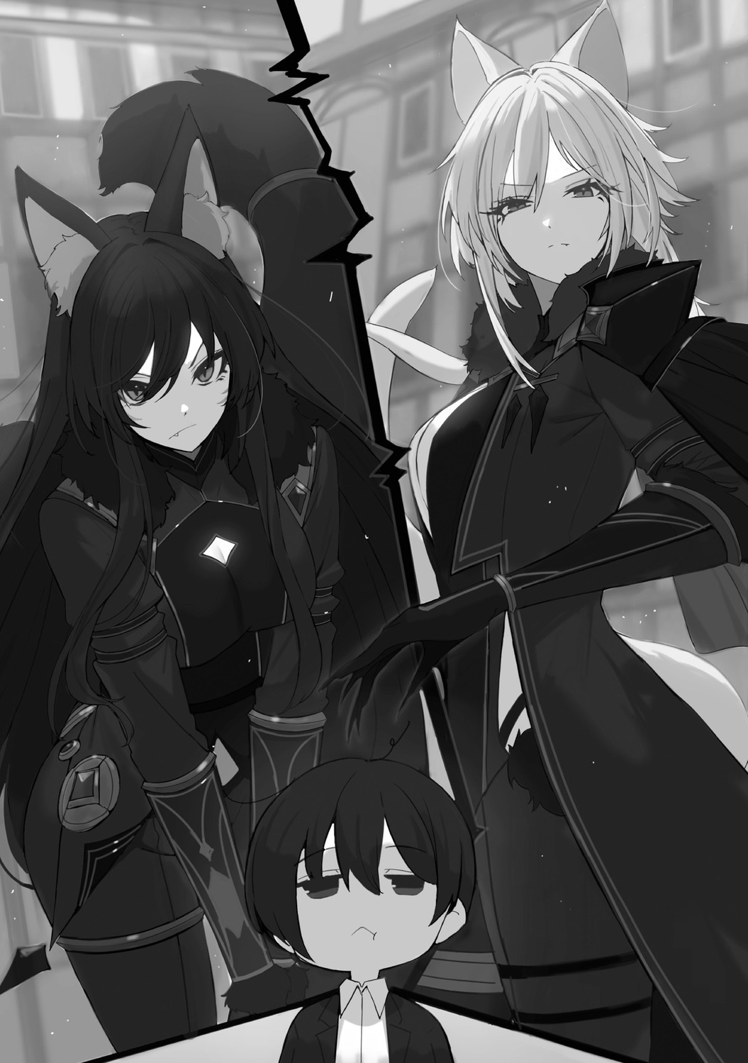 animal_ears, bodysuit, cid_kagenou, delta_(kagejitsu), kage_no_jitsuryokusha_ni_naritakute!, monochrome, tail, touzai, zeta_(kagejitsu)