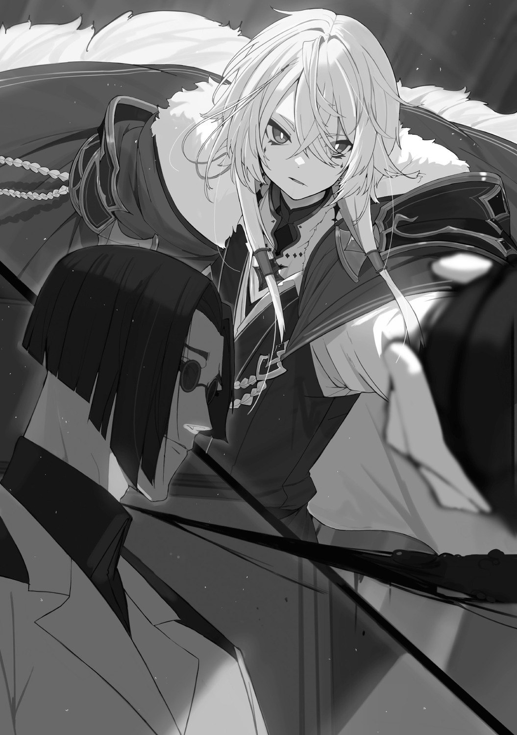 fenrir_(kagejitsu), kage_no_jitsuryokusha_ni_naritakute!, megane, monochrome, petos_(kagejitsu), touzai