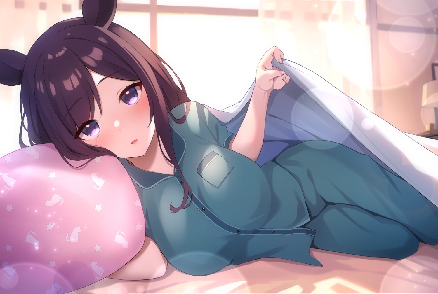 animal_ears, decision5021, mejiro_dober_(umamusume), pajama, sheets, uma_musume_pretty_derby