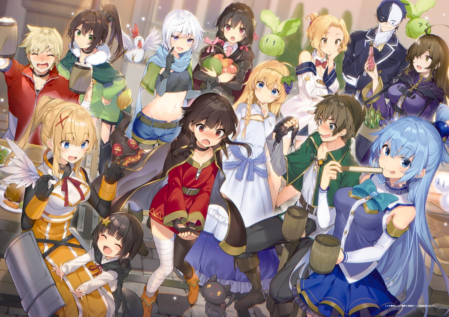 aqua_(konosuba), armor, bandages, belzerg_stylish_sword_iris, chomusuke, chris_(konosuba), dress, dustiness_ford_raratina, eris_(konosuba), komekko, kono_subarashii_sekai_ni_shukufuku_wo!, luna_(konosuba), megumin, mishima_kurone, pointy_ears, rin_(konosuba), satou_kazuma, thighhighs, wiz, yunyun_(konosuba)