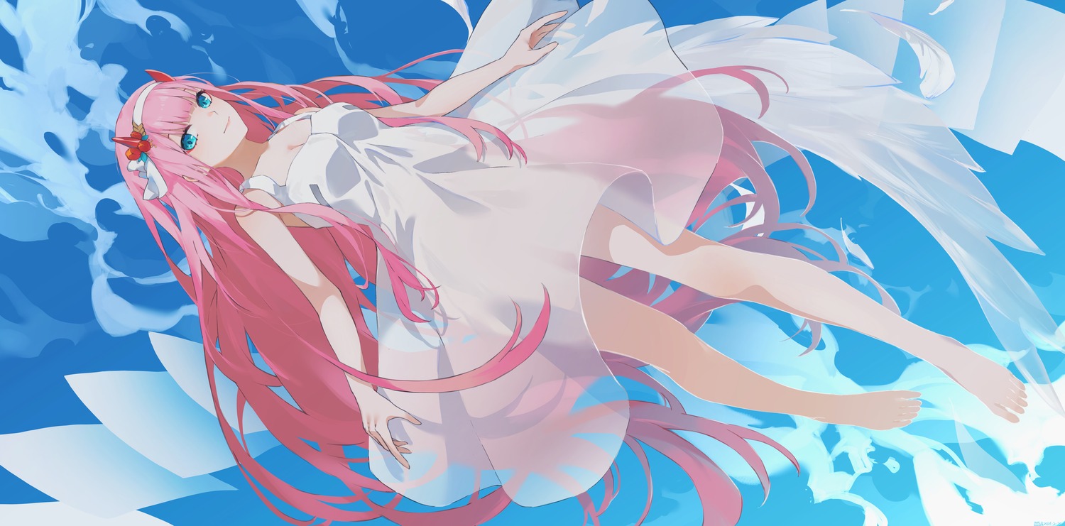 cleavage, darling_in_the_franxx, dress, feet, horns, see_through, swkl:d, wings, zero_two_(darling_in_the_franxx)
