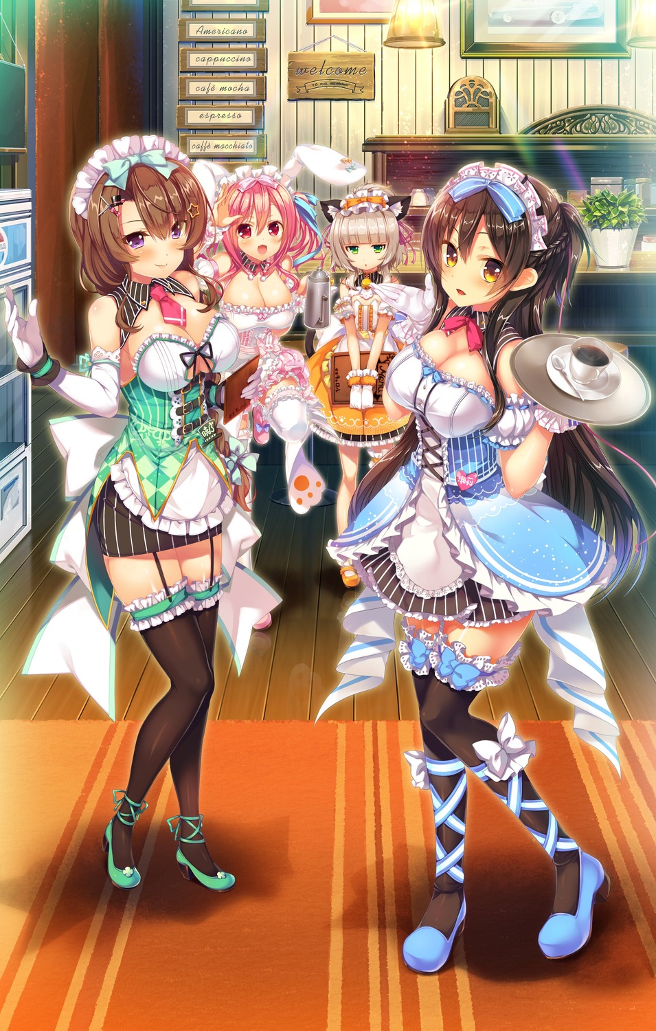 abnormal_lovers, animal_ears, asahina_seri, ayuma_sayu, bunny_ears, cleavage, garter, heels, kaburagi_yukana, maid, mayuzaki_yuu, nekomimi, onodera_akeno, shimamiya_mimi, stockings, tail, thighhighs, tortesoft, waitress