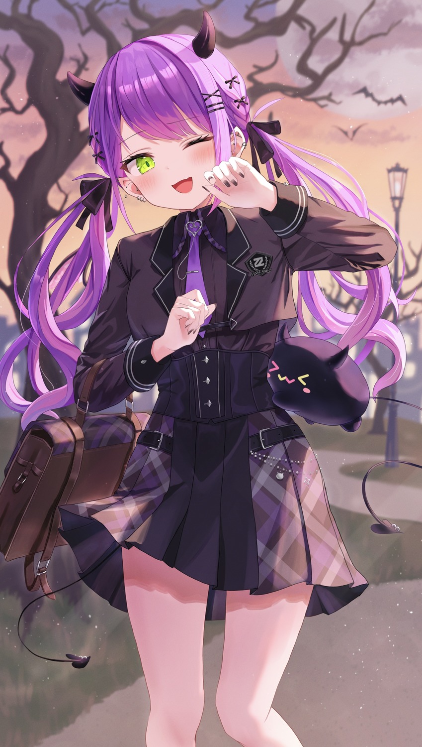 hololive, horns, mei_am0, pointy_ears, seifuku, skirt_lift, tail, tokoyami_towa