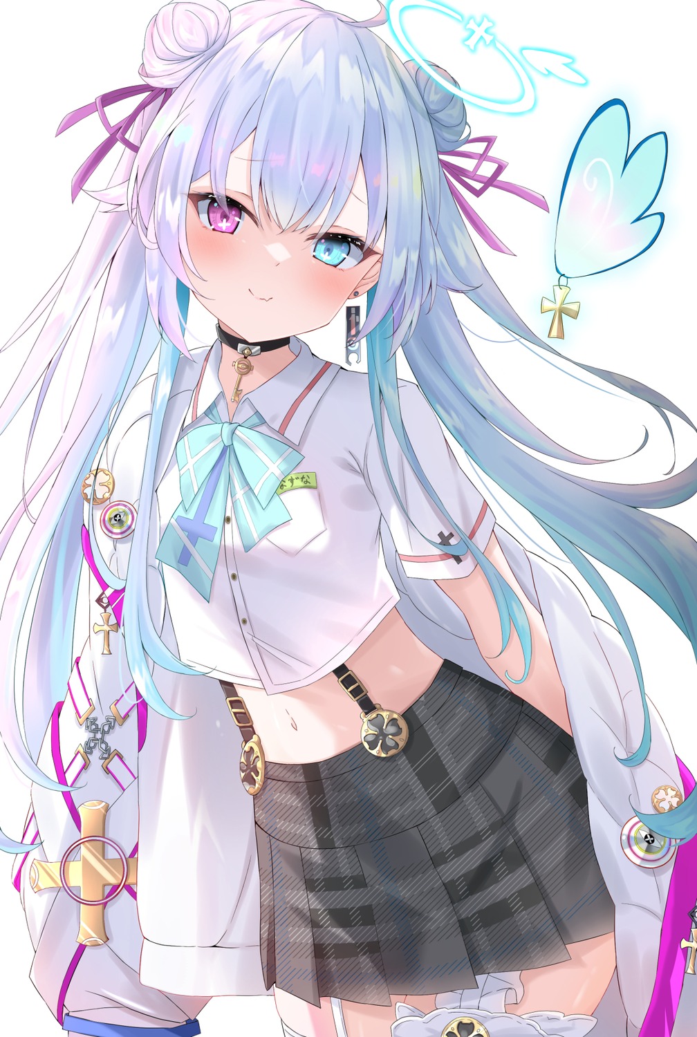 amemiya_nazuna, angel, heterochromia, kurono_yuzuko, seifuku, stockings, thighhighs, vshojo, wings