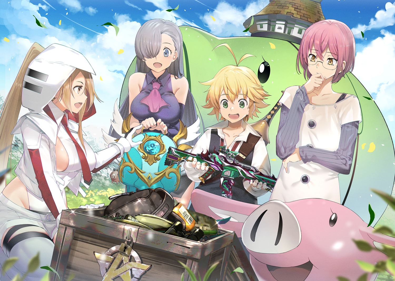 elizabeth_liones, garter, gowther_(nanatsu_no_taizai), gun, hawk_(nanatsu_no_taizai), knives_out, megane, meliodas_(nanatsu_no_taizai)