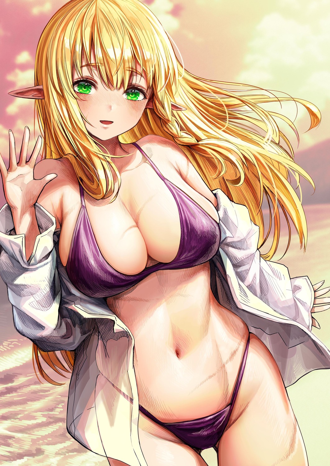 bikini, boroboro_no_elf-san_wo_shiawaseni_suru_kusuri_uri-san, dress_shirt, elf, giba-chan, open_shirt, pointy_ears, see_through