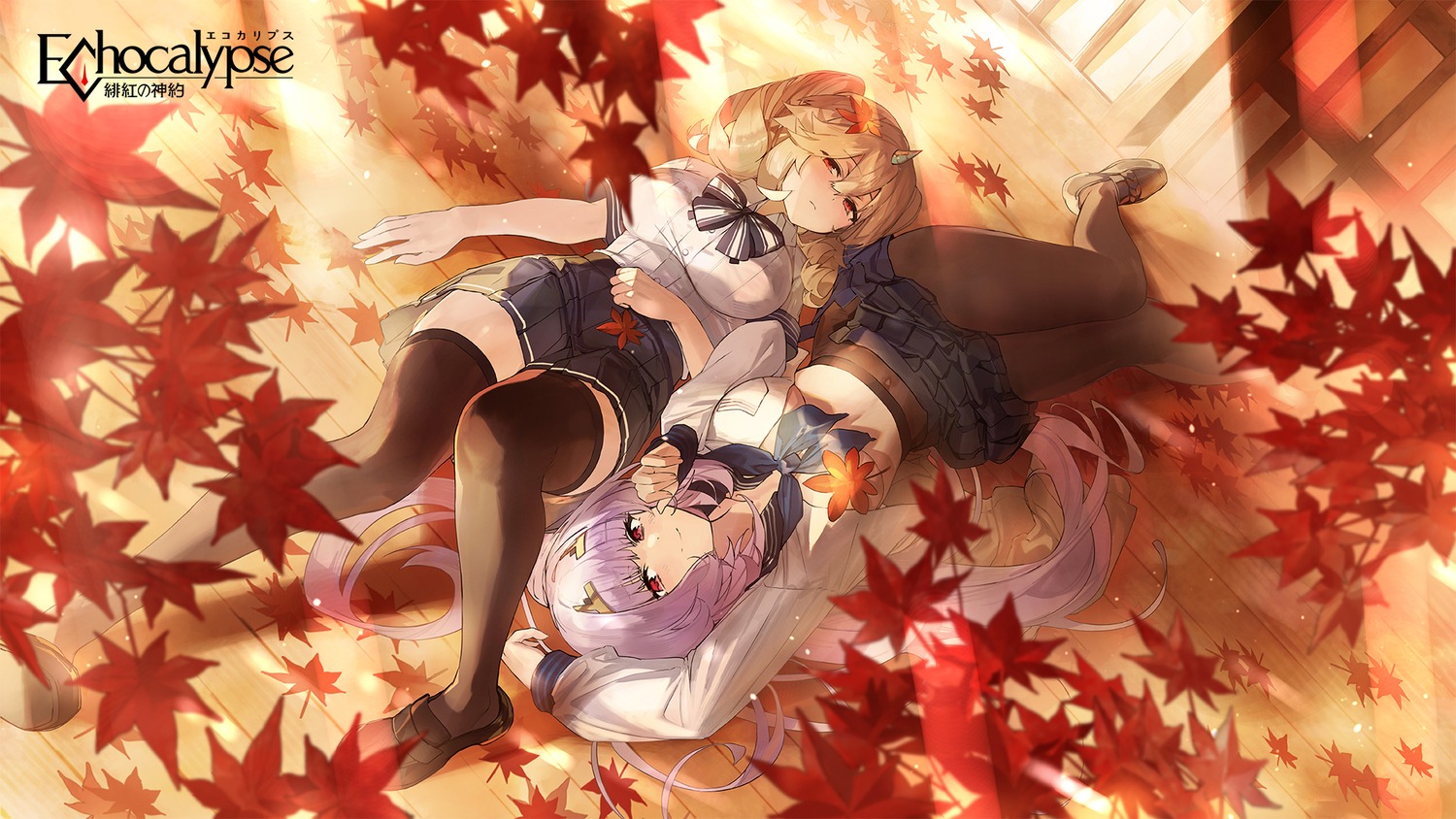 echocalypse, horns, pantyhose, seifuku, thighhighs, wallpaper, wata_(attaka_taoru)