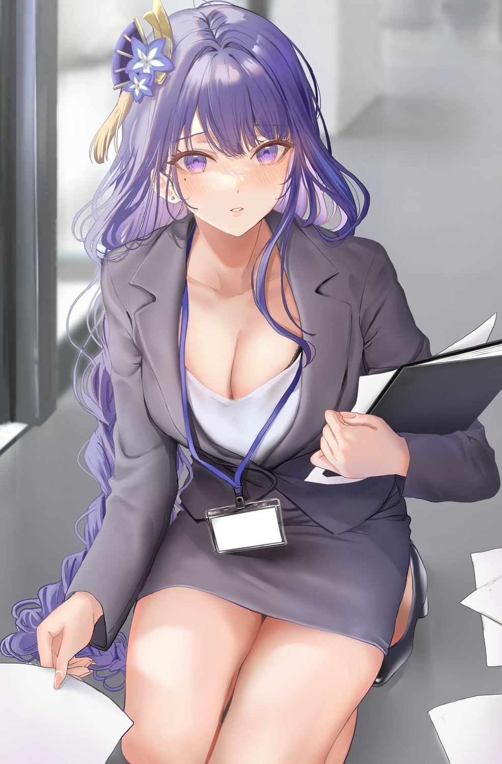 business_suit, cleavage, genshin_impact, hamu, heels, raiden_shogun