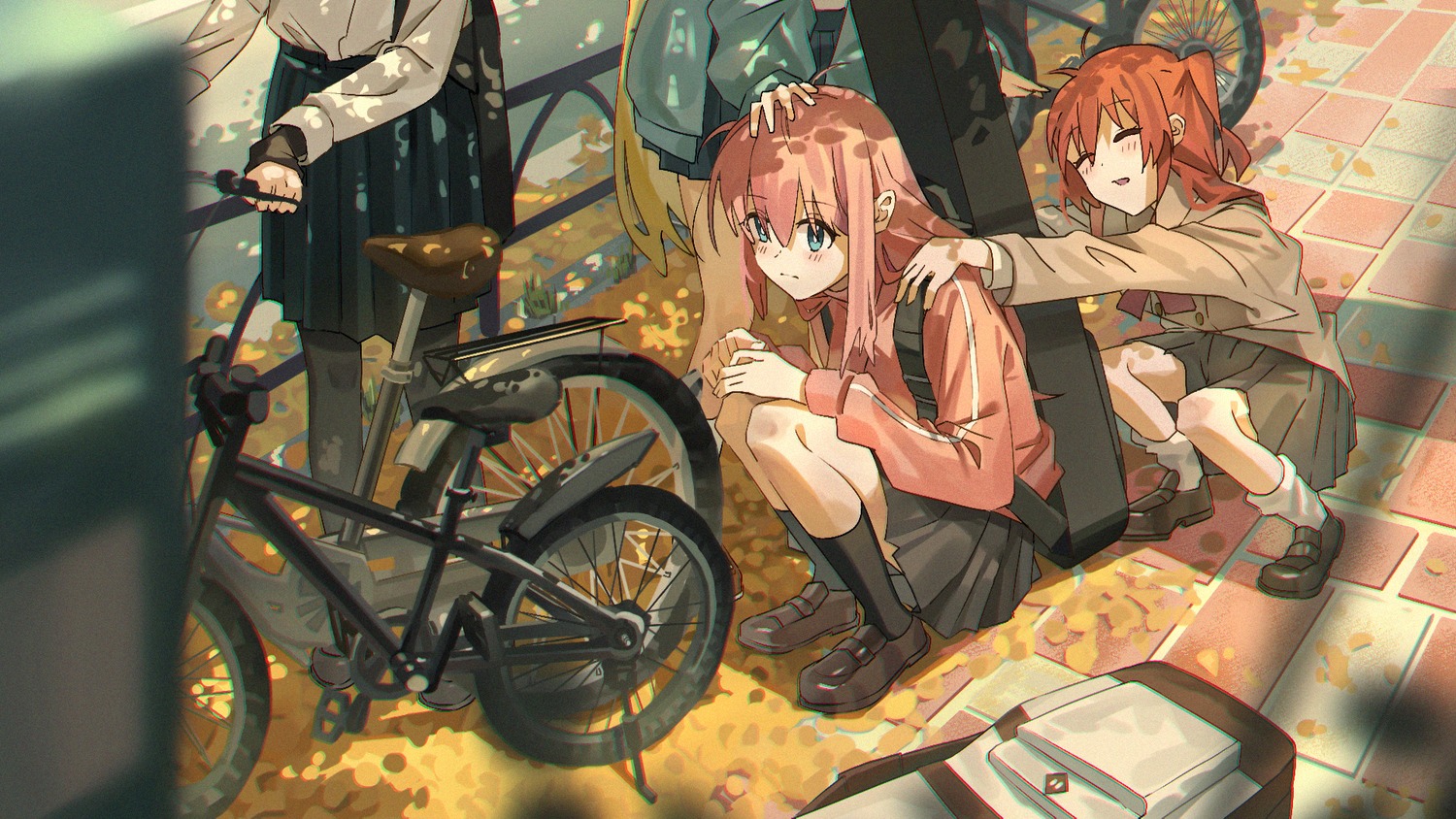 bocchi_the_rock!, geng99161, gotou_hitori, gym_uniform, ijichi_nijika, kita_ikuyo, pantyhose, seifuku, sweater, wallpaper, yamada_ryou