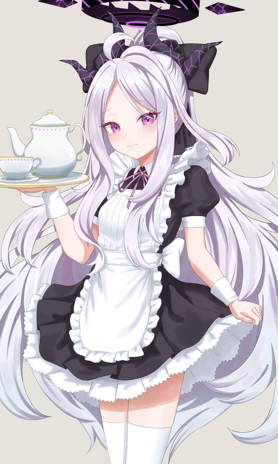 akazaki_yukino, blue_archive, halo, horns, maid, skirt_lift, sorasaki_hina, thighhighs