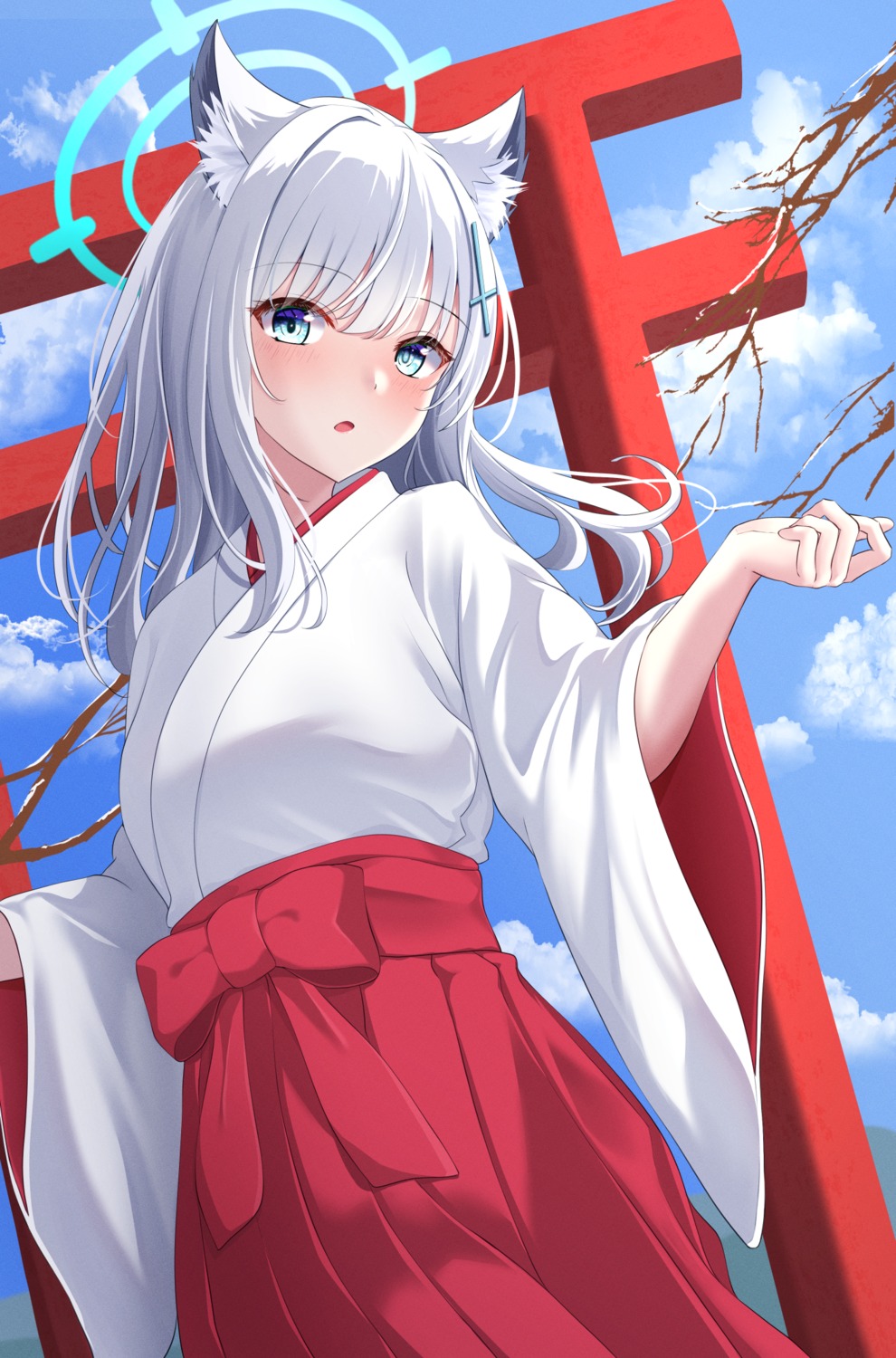animal_ears, blue_archive, halo, hibika, miko, nekomimi, sunaookami_shiroko