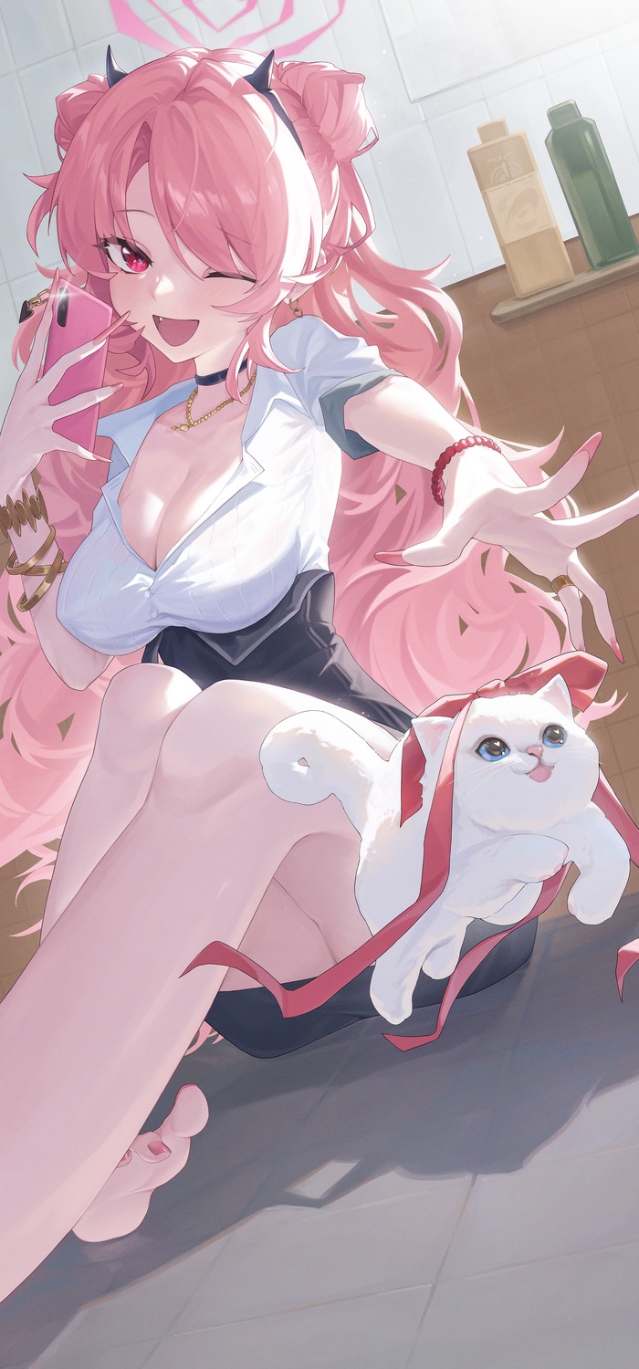blue_archive, dress_shirt, halo, horns, neko, open_shirt, shibasoda, yozakura_kirara