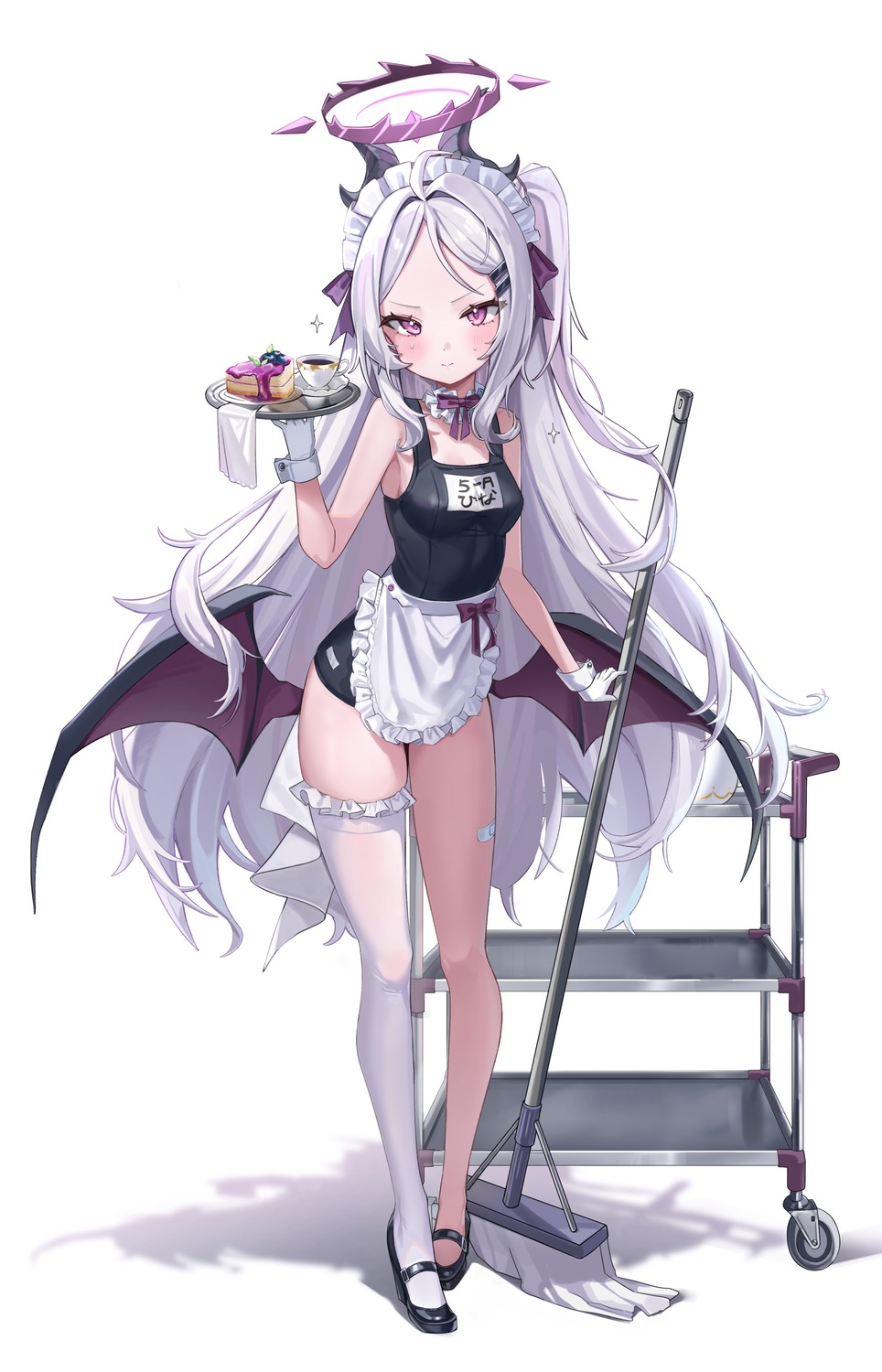bandaid, blue_archive, devil, halo, heels, horns, maid, riko_(rik0ring), school_swimsuit, sorasaki_hina, swimsuits, thighhighs, wings